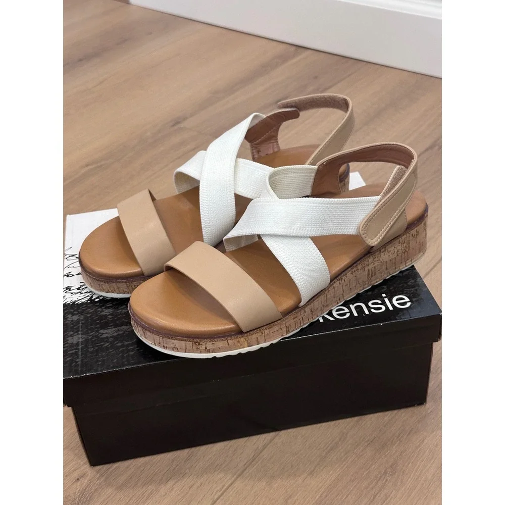 Kensie Palermo Tan White Elastic Crisscross Cork Platform Wedge Sandals Size 9